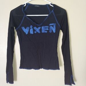 EYESHADOW Black Long-Sleeved Top with Electric-Blue Accents Women's M